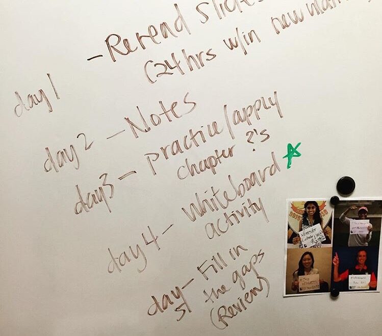 A daily study plan written on a white board