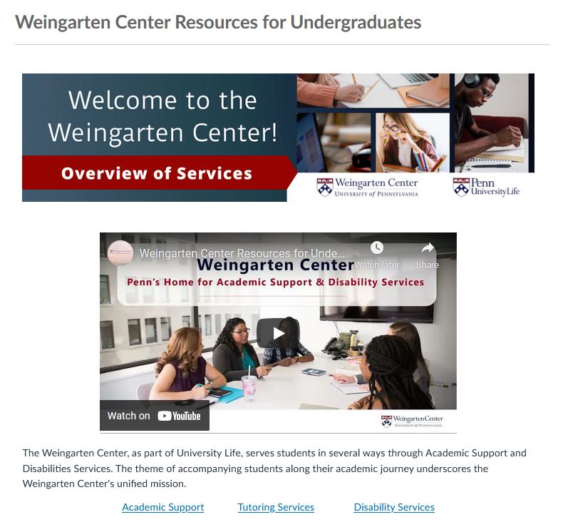 Screenshot of Weingarten Center Canvas Page for Undergraduates