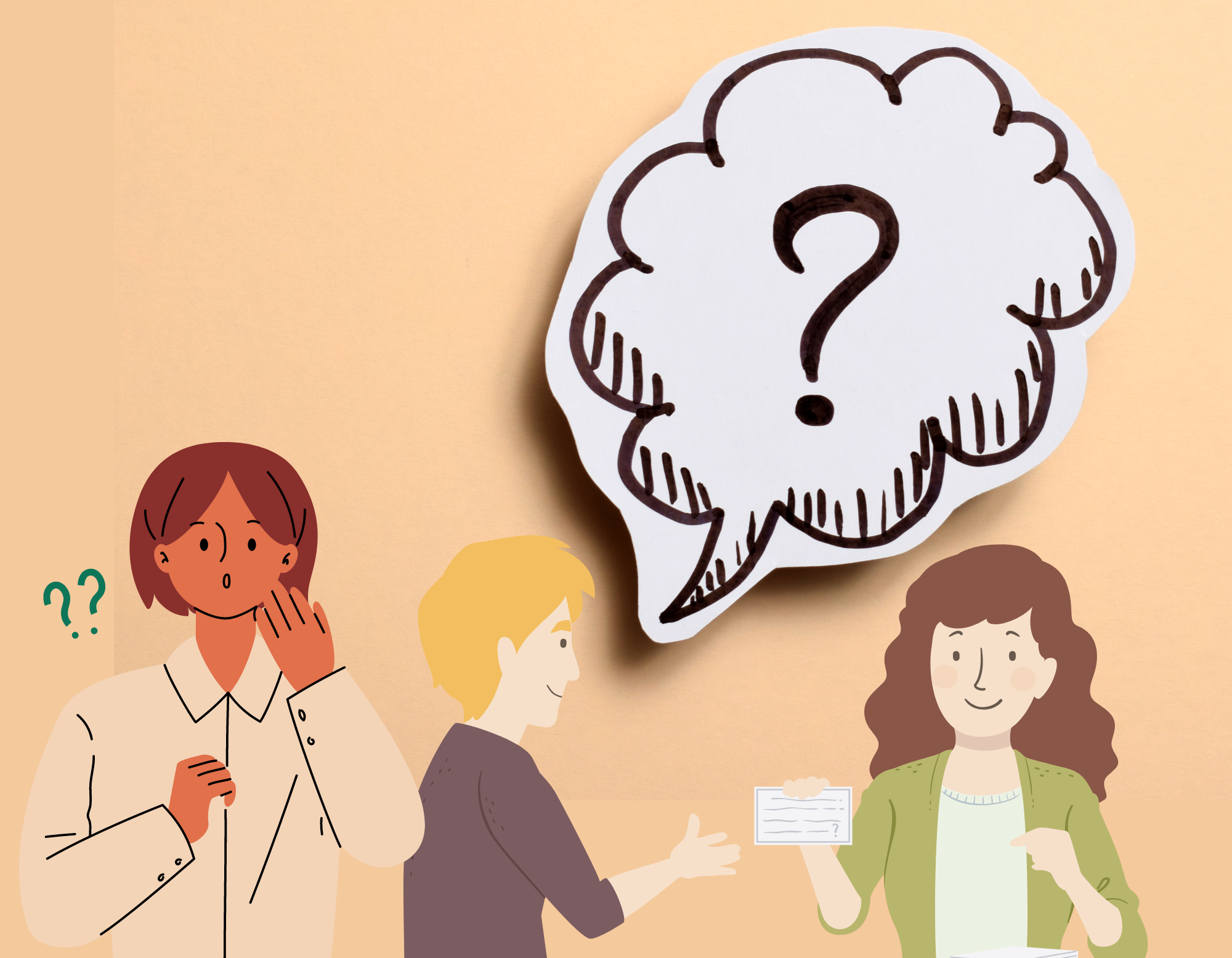 Cartoon of two students asking questions and using flash cards and one student looking confused with a question mark next to her head.
