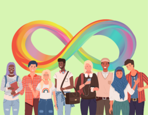 A diverse group of students looking happy together with the rainbow infinity symbol, representing neurodiversity in the background